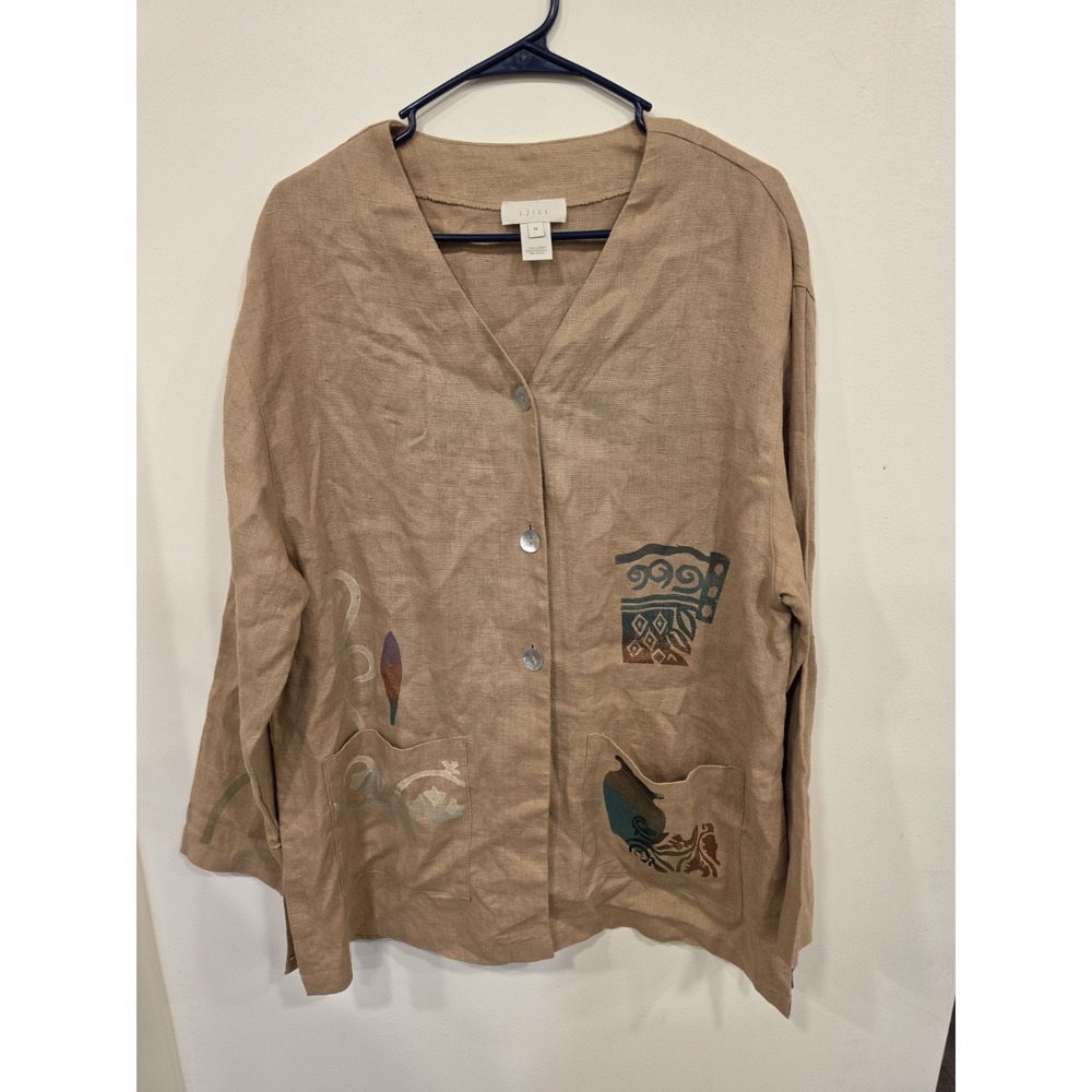 Vintage J. Jill Hand Painted 100% Linen Jacket Earthy Lagenlook Artsy Womens MD